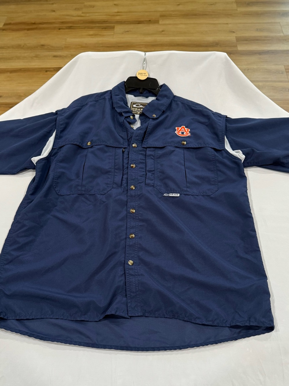 Drake Navy Lightweight Button-Up Shirt with Auburn Logo on Front and Drake logo
